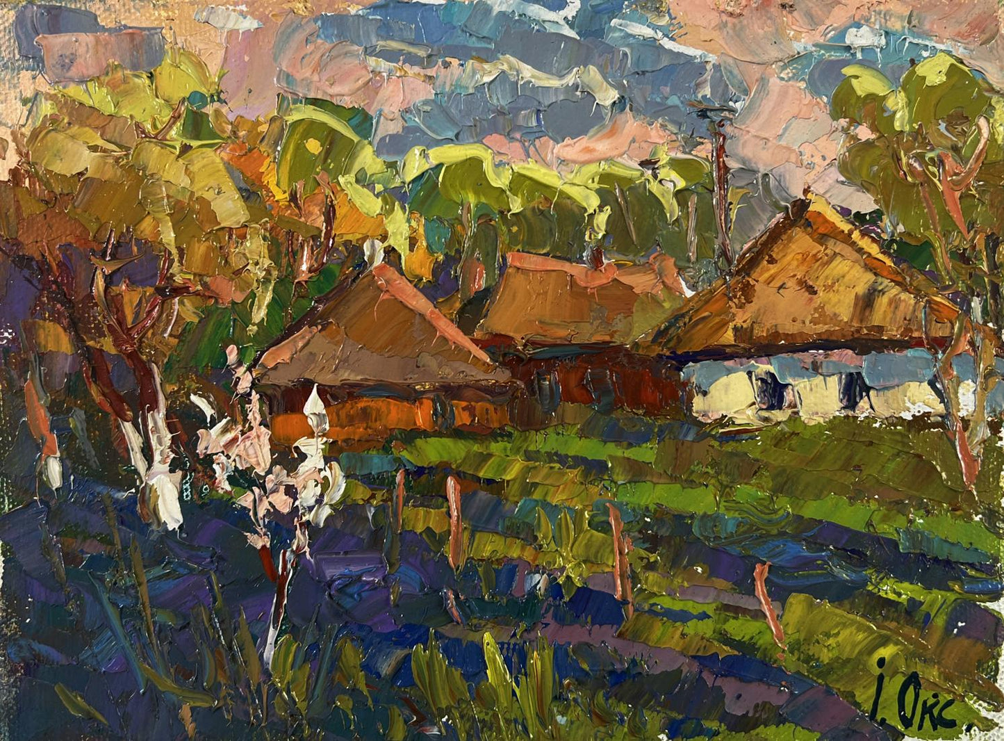 Vibrant impressionist oil painting by Oksana Ivanyuk of thatched houses in lush greenery