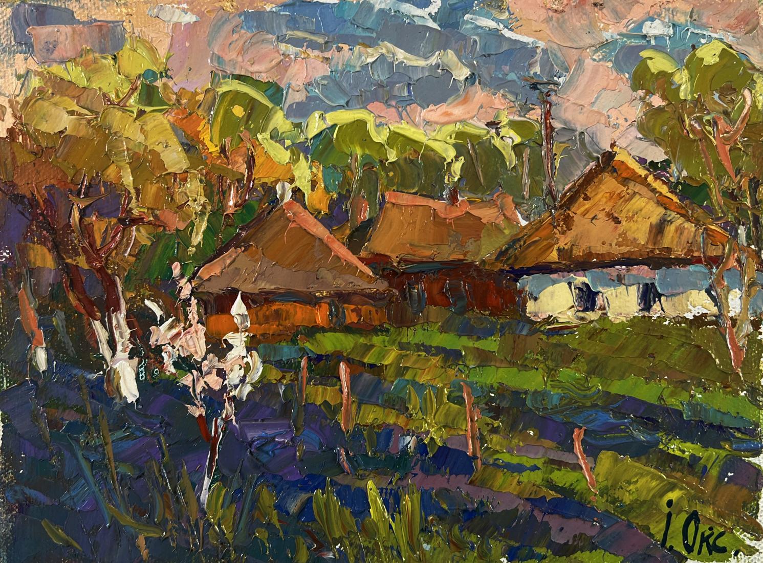Vibrant impressionist oil painting by Oksana Ivanyuk of thatched houses in lush greenery