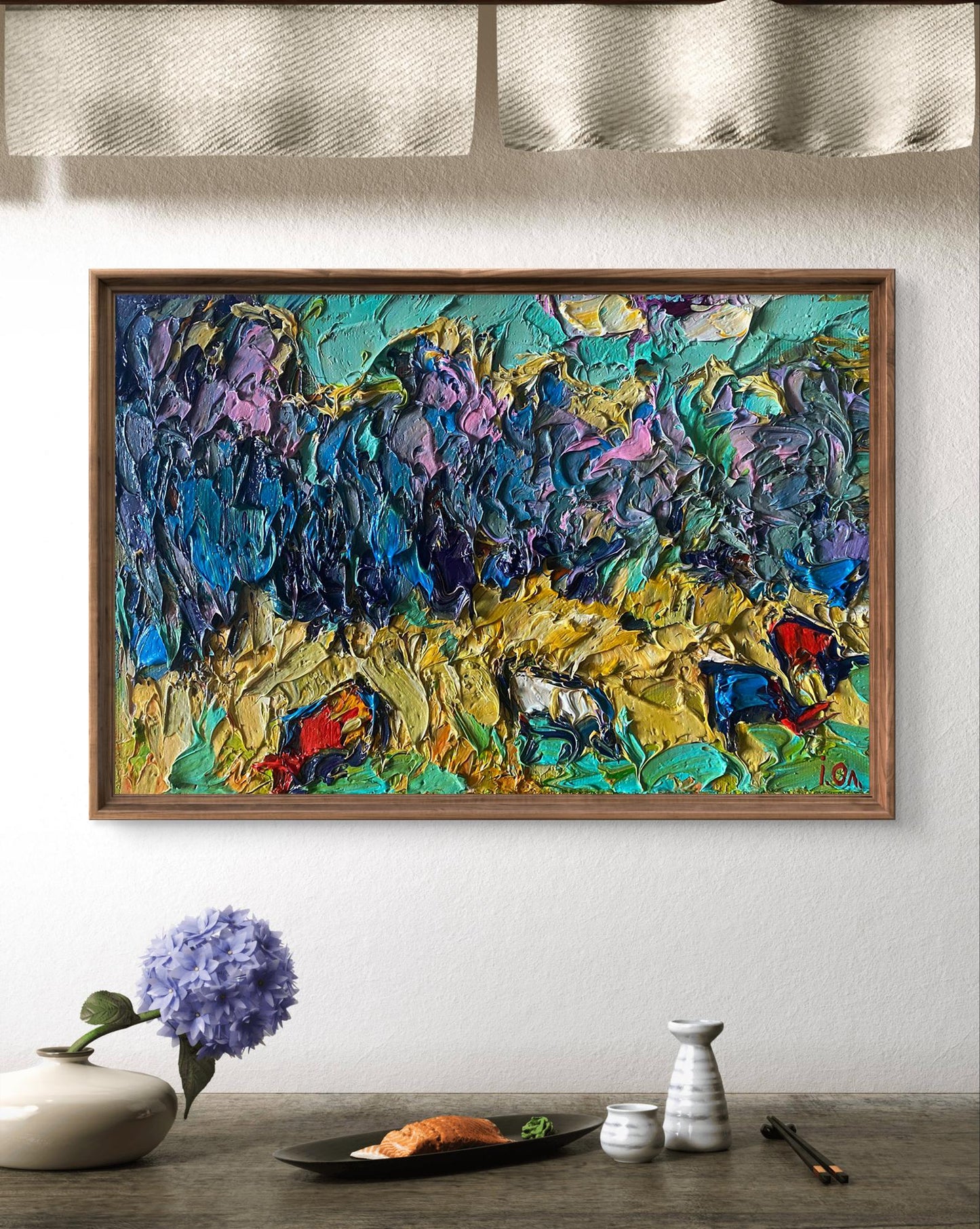 Oil painting In the autumn field by Oleksiy Ivanyuk, vibrant teal purple strokes