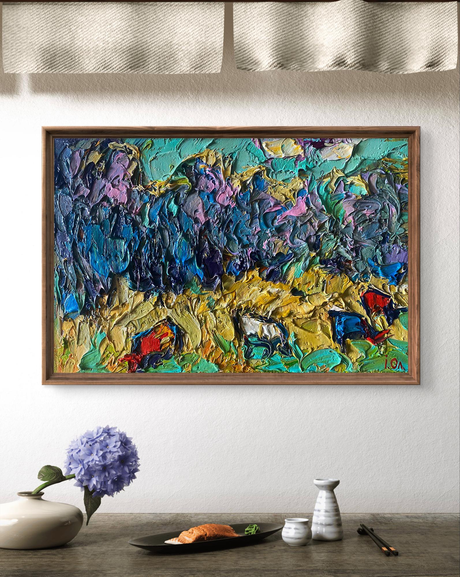 Oil painting In the autumn field by Oleksiy Ivanyuk, vibrant teal purple strokes