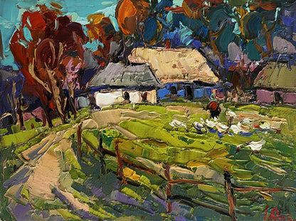 Vibrant impressionist oil painting by Oksana Ivanyuk of warm rural scene with colorful trees, thatched cottage and white ducks in green fields