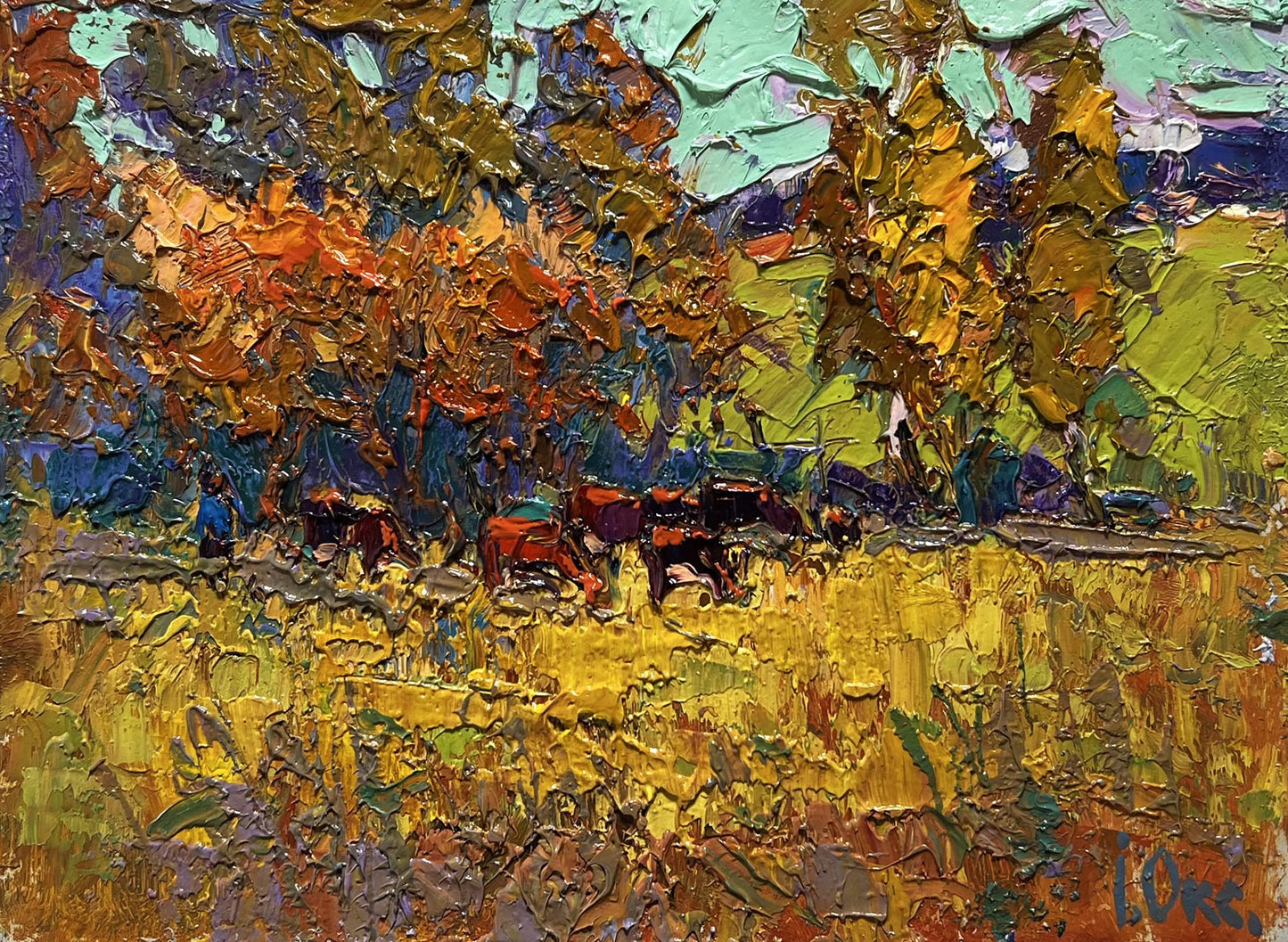 Vibrant impressionist oil painting The queue for the pasture by Oksana Ivanyuk