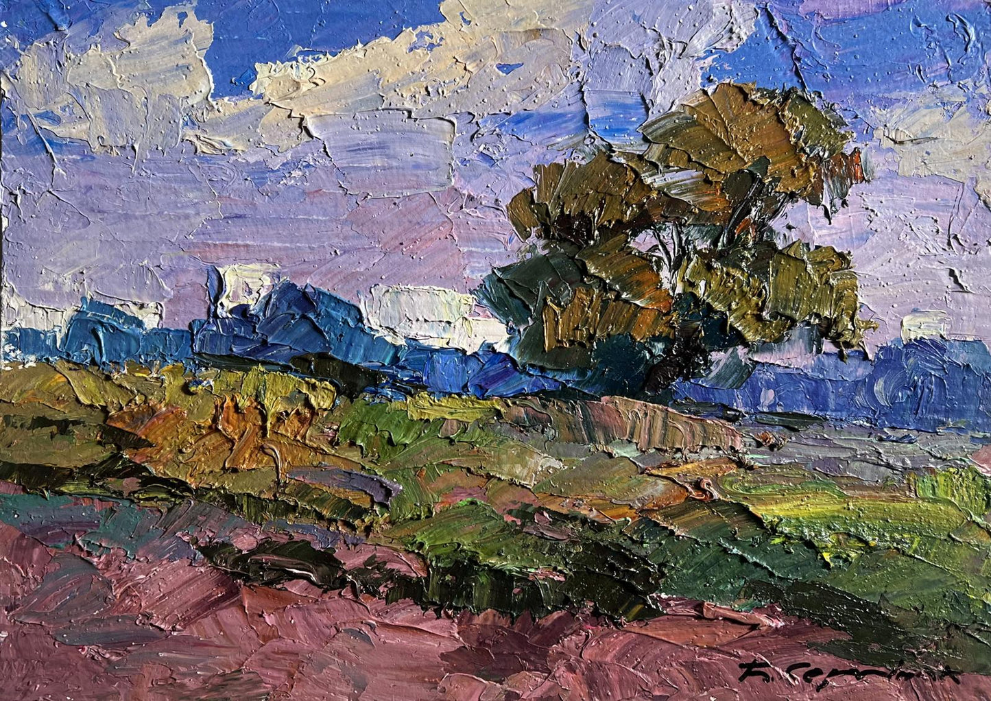 Oil painting September day in the field by Boris Serdyuk, textured impressionist tree