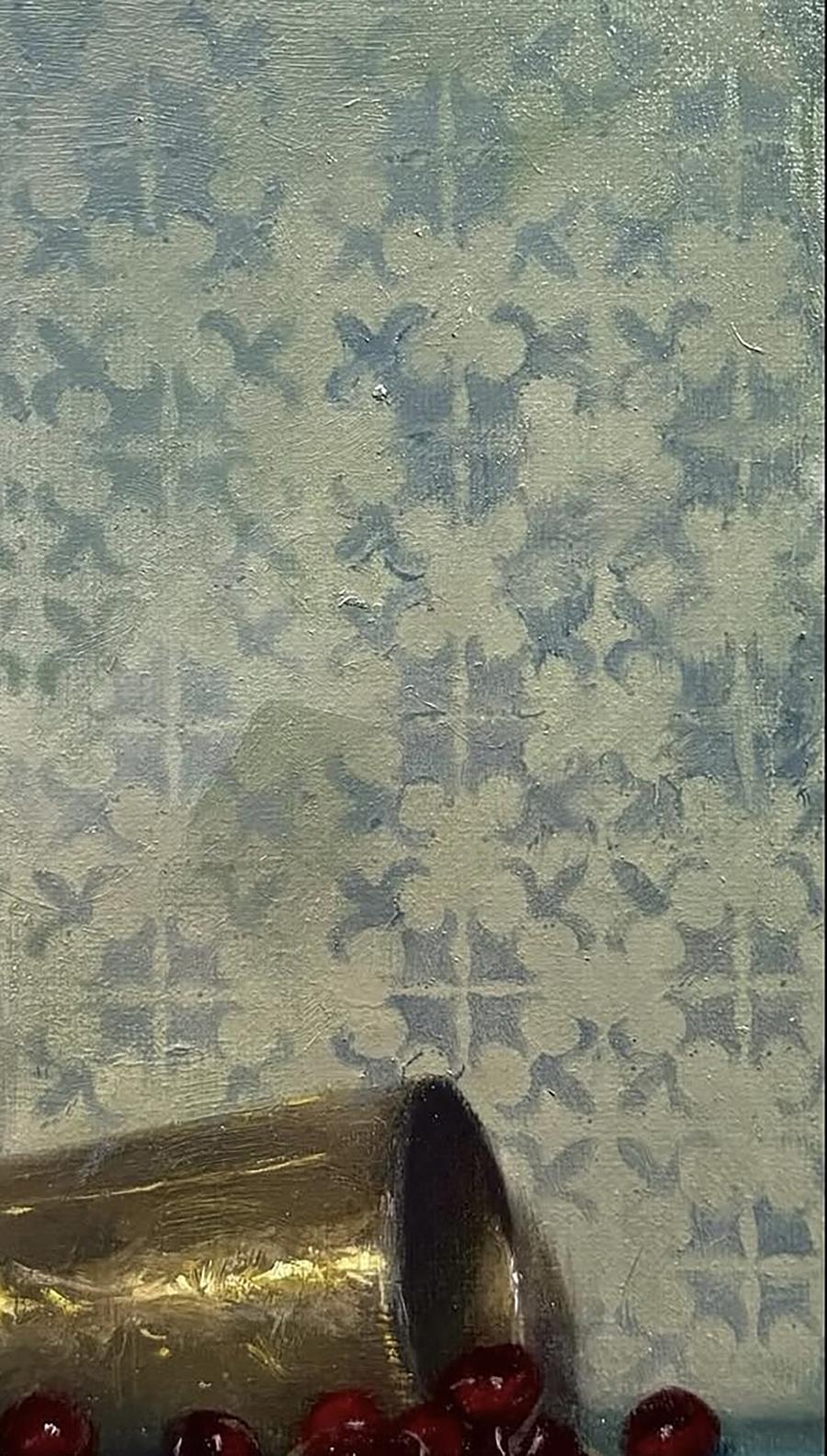 Oil painting of golden copper cup and cherries by Annam Butt