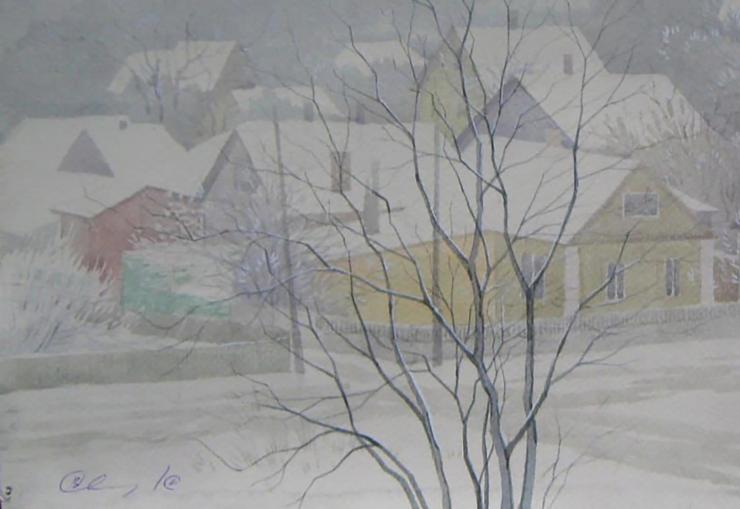 Watercolor painting of snowy morning village by Valery Savenets