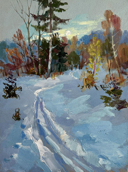 Textured impressionist oil painting of winter sunset forest path by Yuriy Suprunchuk
