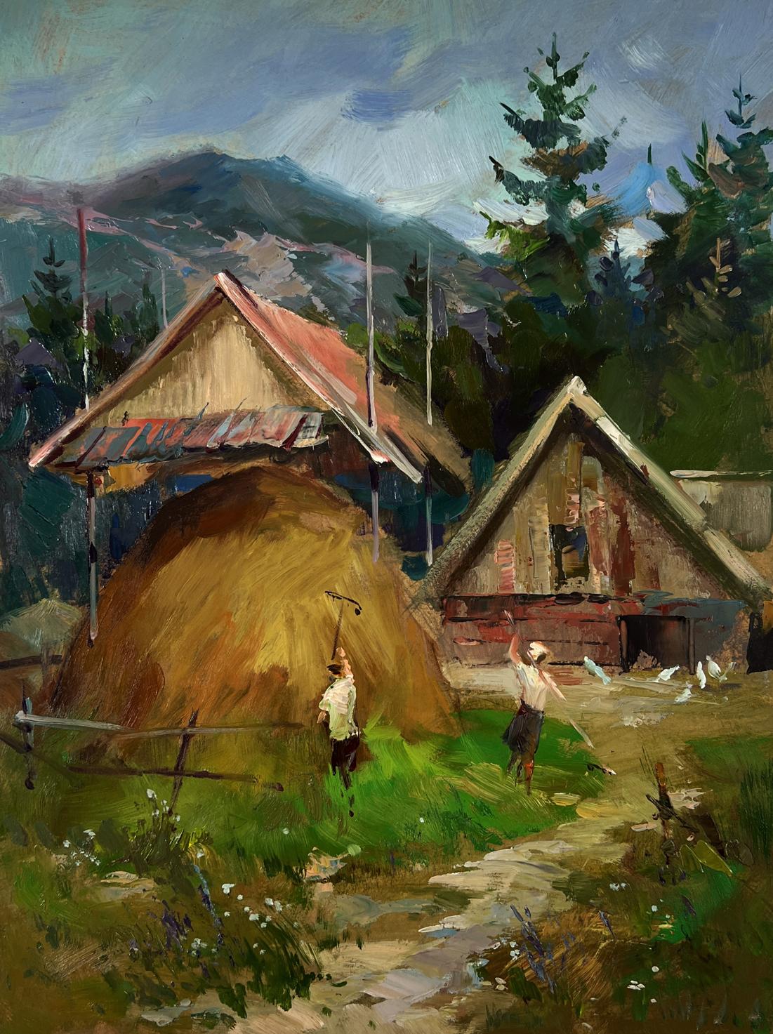 Oil painting of rustic thatched farmhouse on mountains by Yuriy Suprunchuk