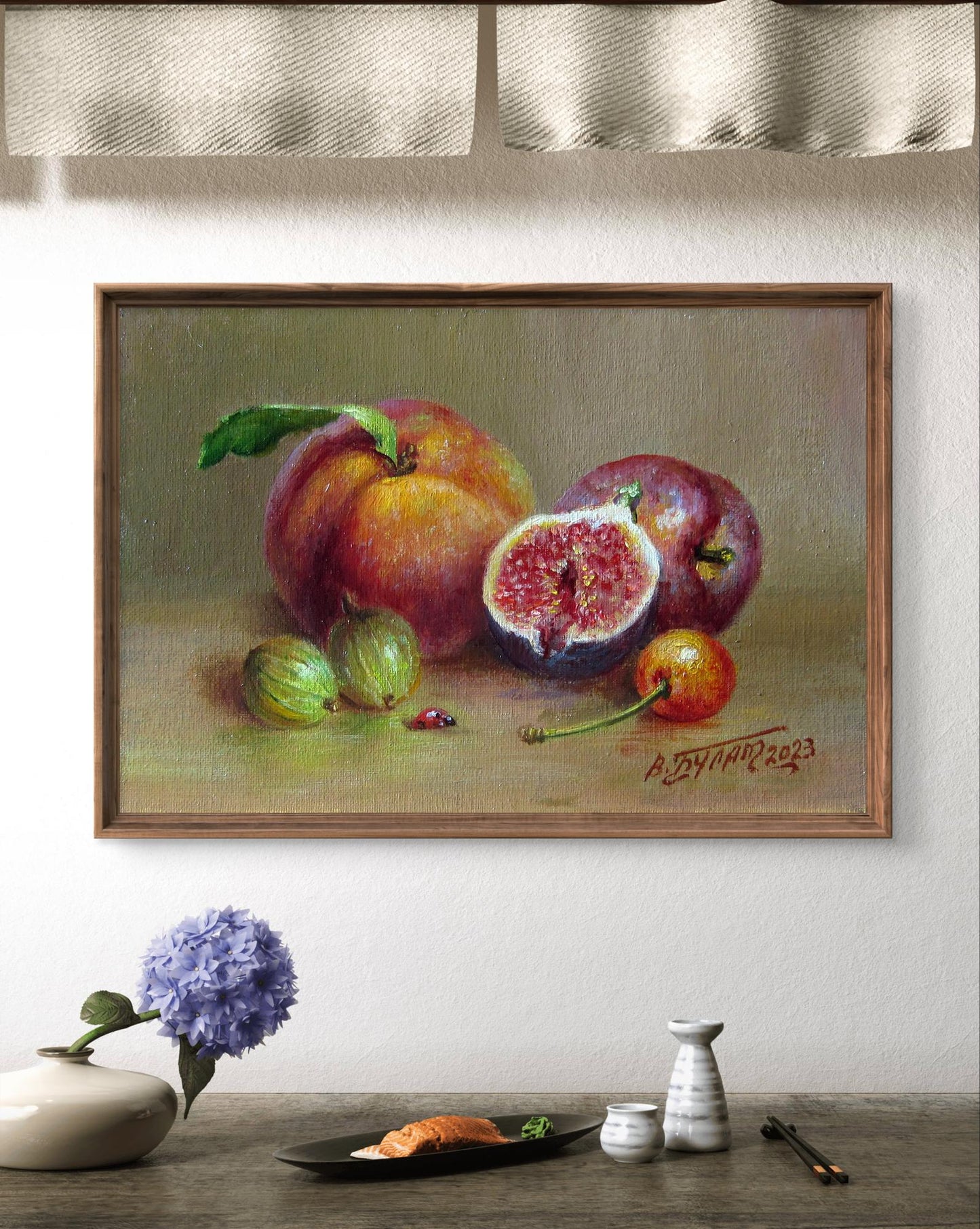 Oil painting Fruit still life Valeriy Bulat with peach, figs, berries