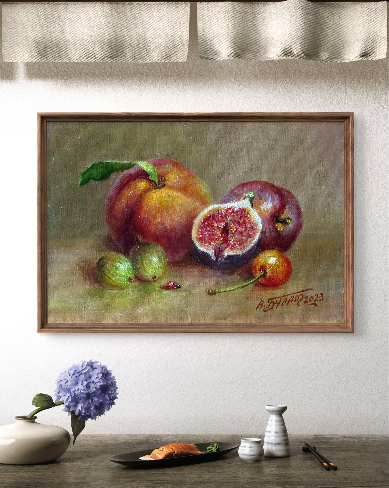 Oil painting Fruit still life Valeriy Bulat with peach, figs, berries
