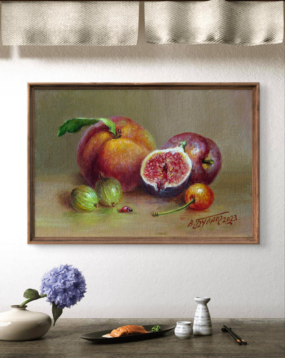 Oil painting Fruit still life Valeriy Bulat with peach, figs, berries