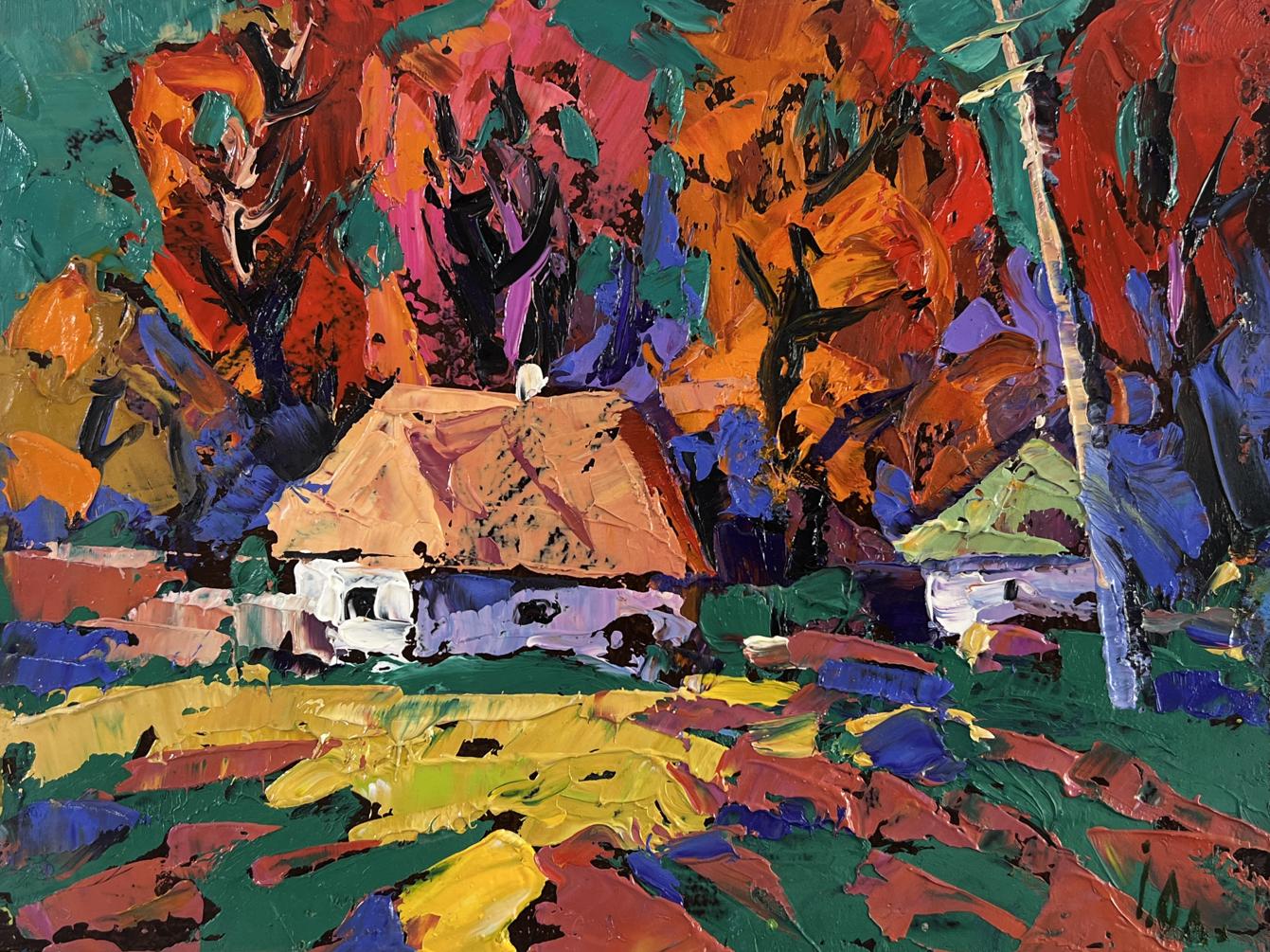 Vibrant impressionist oil painting of Oleksiy Ivanyuks Autumn cottage among fall trees