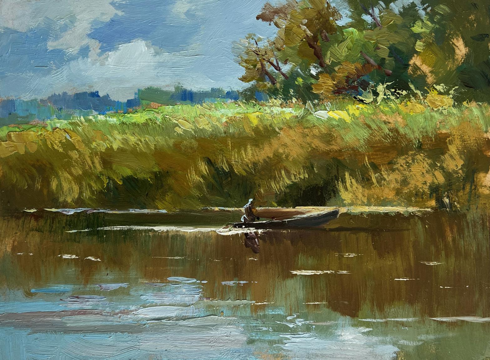 Oil painting of rowboat gliding on calm water by Yuriy Suprunchuk