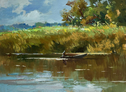 Oil painting of rowboat gliding on calm water by Yuriy Suprunchuk