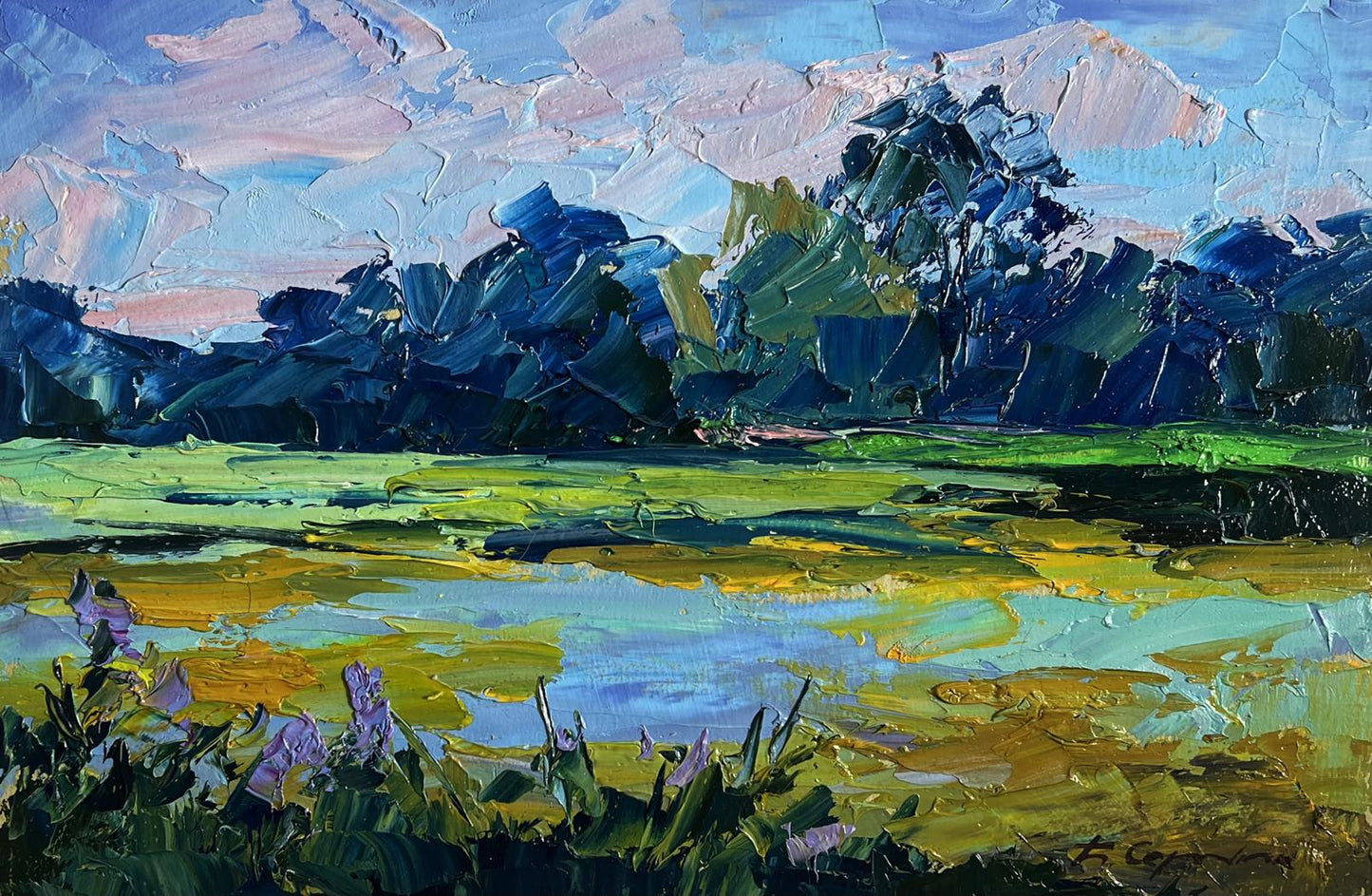 Impasto oil painting Morning on the lake by Boris Serdyuk, bold blue green yellow landscape