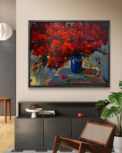 Oil painting Poppies are red by Oksana Ivanyuk: vibrant red poppies in blue vase