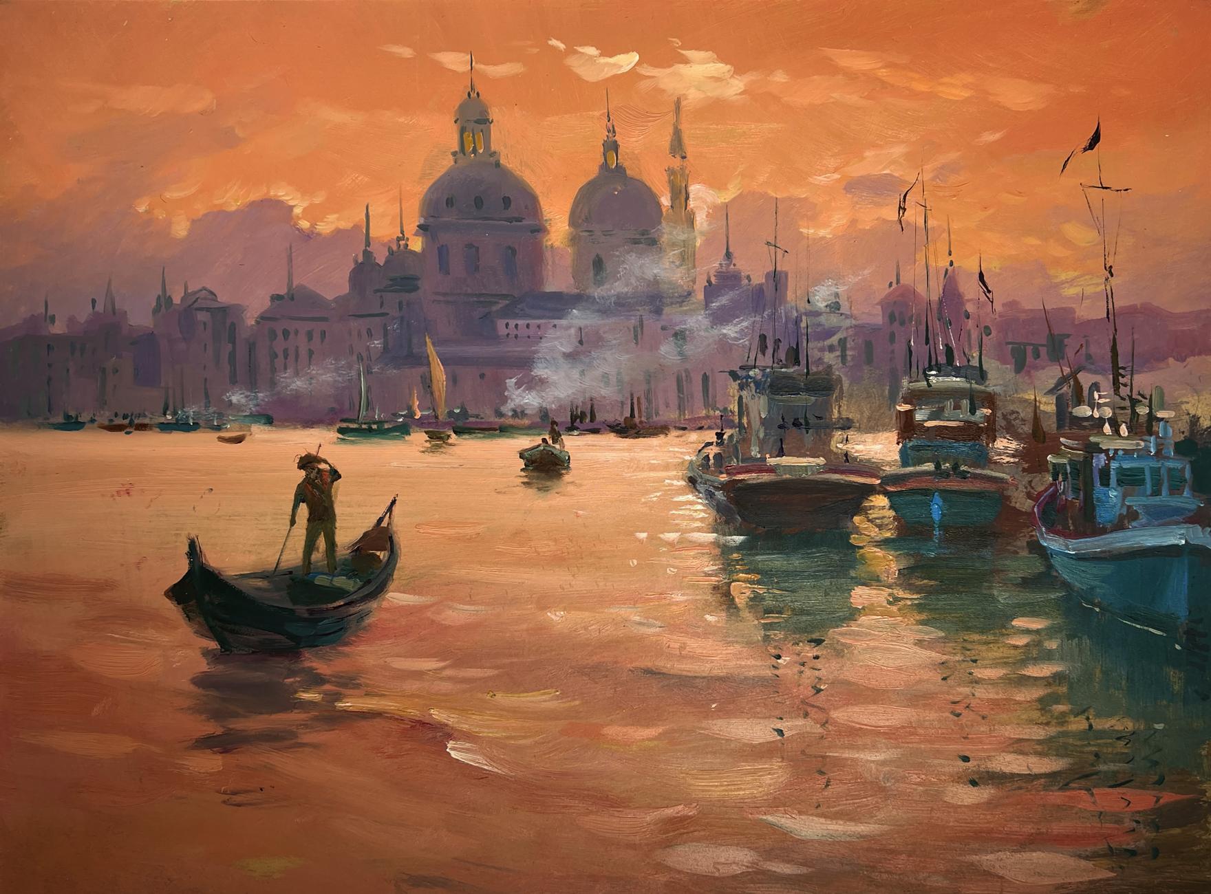 Serene Venetian gondola sunset oil painting by Yuriy Suprunchuk