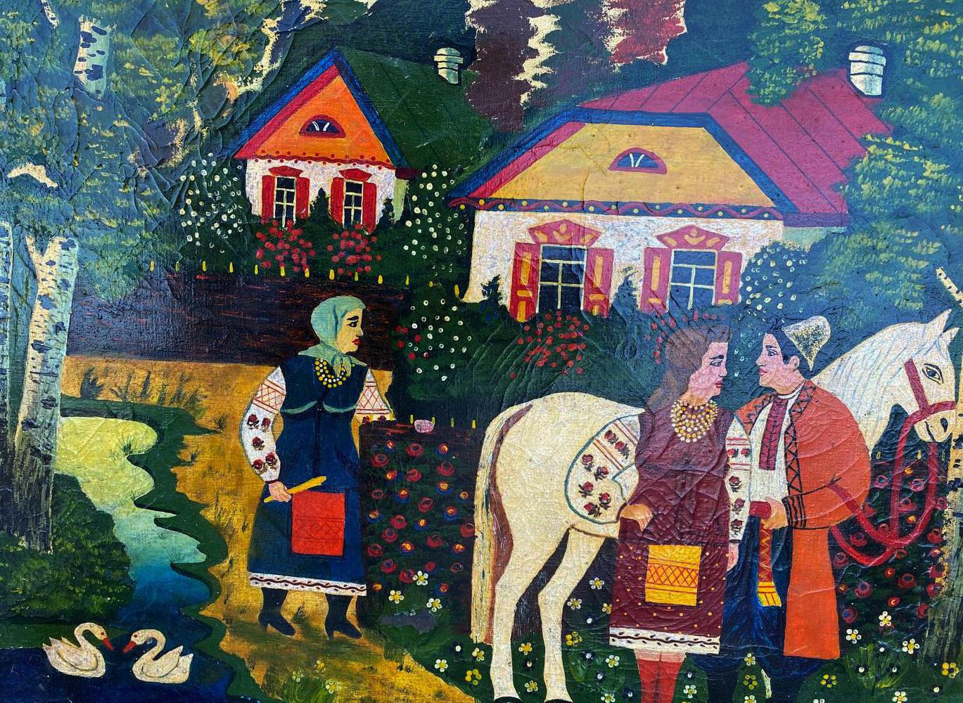 Vibrant folk-art oil painting At the village well with colorful houses and greenery