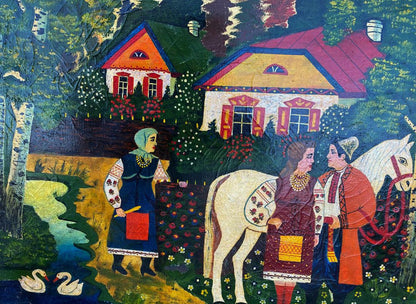 Vibrant folk-art oil painting At the village well with colorful houses and greenery