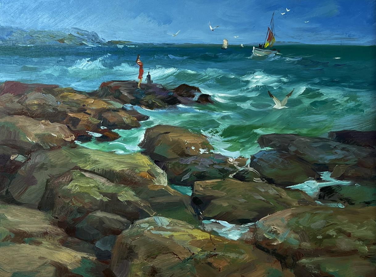 Oil painting of turquoise waves crashing on mossy rocks by Yuriy Suprunchuk
