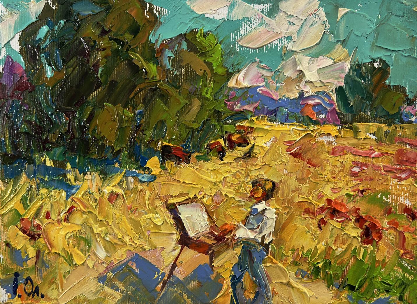 Vibrant oil painting by Oleksiy Ivanyuk: young artist at easel in sunlit field