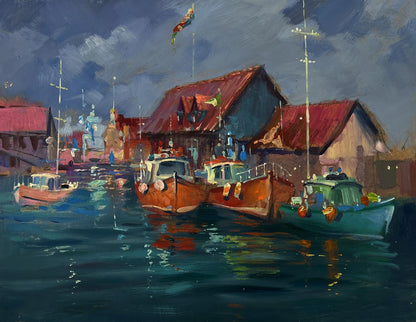 Oil painting by Yuriy Suprunchuk: orange teal boats by red-roofed buildings on water