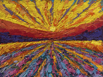 Vibrant oil painting of yellow sunset rays by V. Zadorozhnya