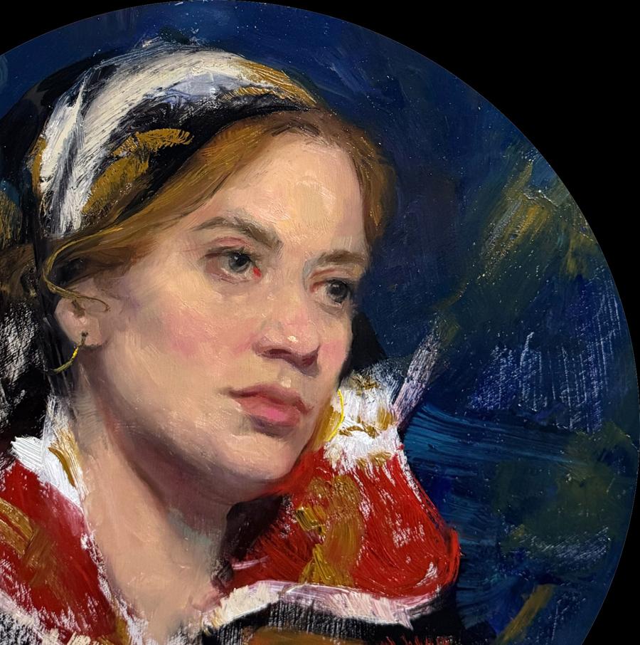 Oil painting Bea looks into the Distance by Annam Butt, woman in red garment