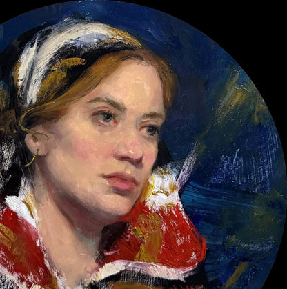 Oil painting Bea looks into the Distance by Annam Butt, woman in red garment