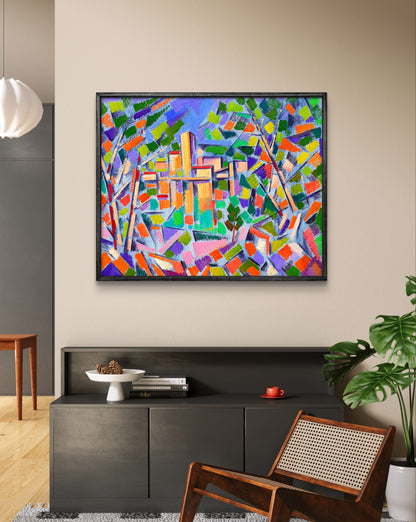 Abstract oil painting City behind the trees by Peter Dobrev, vibrant geometric shapes