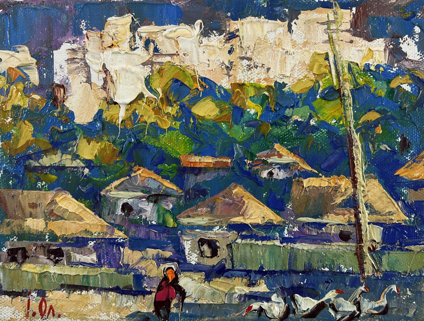 Vibrant impressionist oil painting by Oleksiy Ivanyuk of sunlit village scene