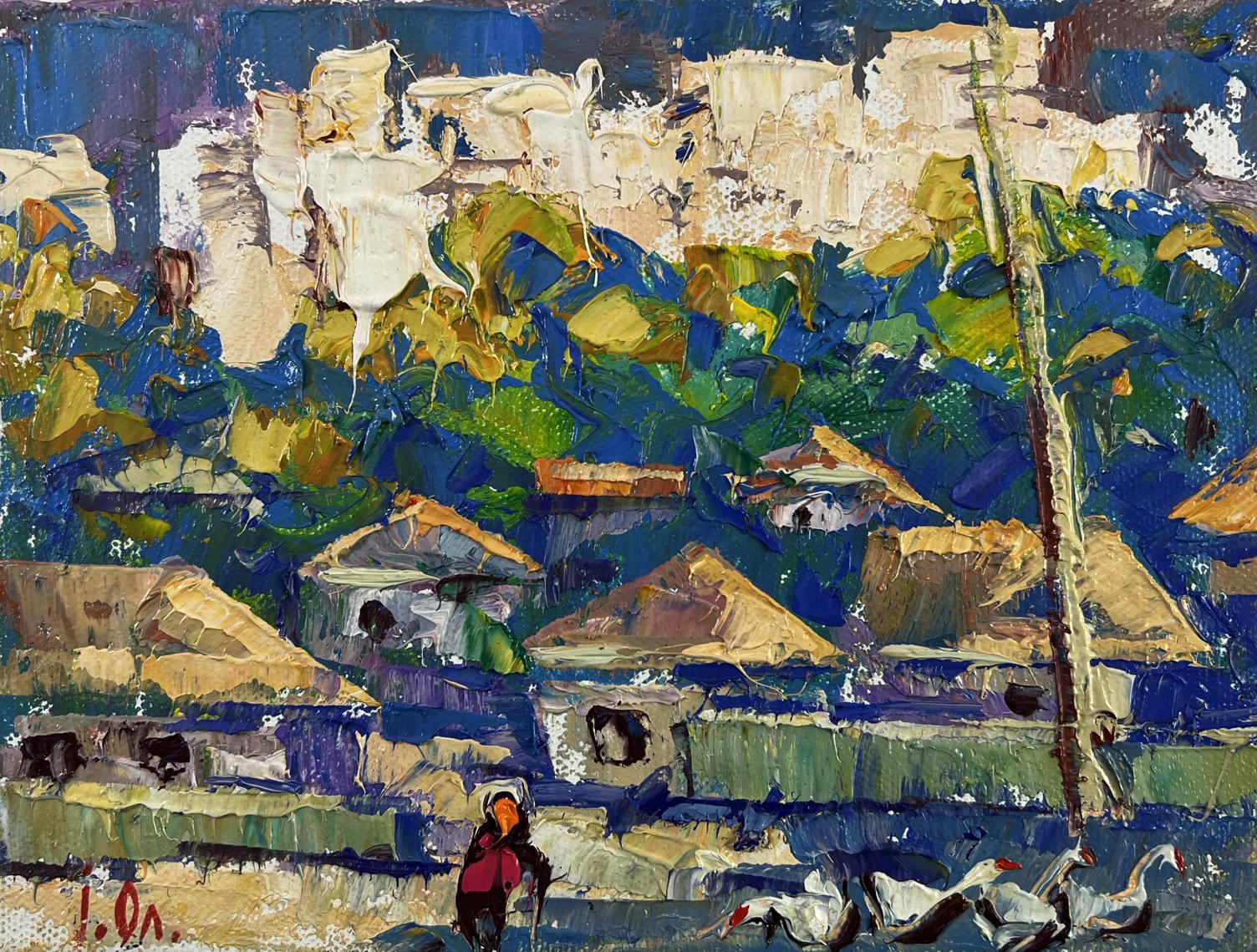Vibrant impressionist oil painting by Oleksiy Ivanyuk of sunlit village scene