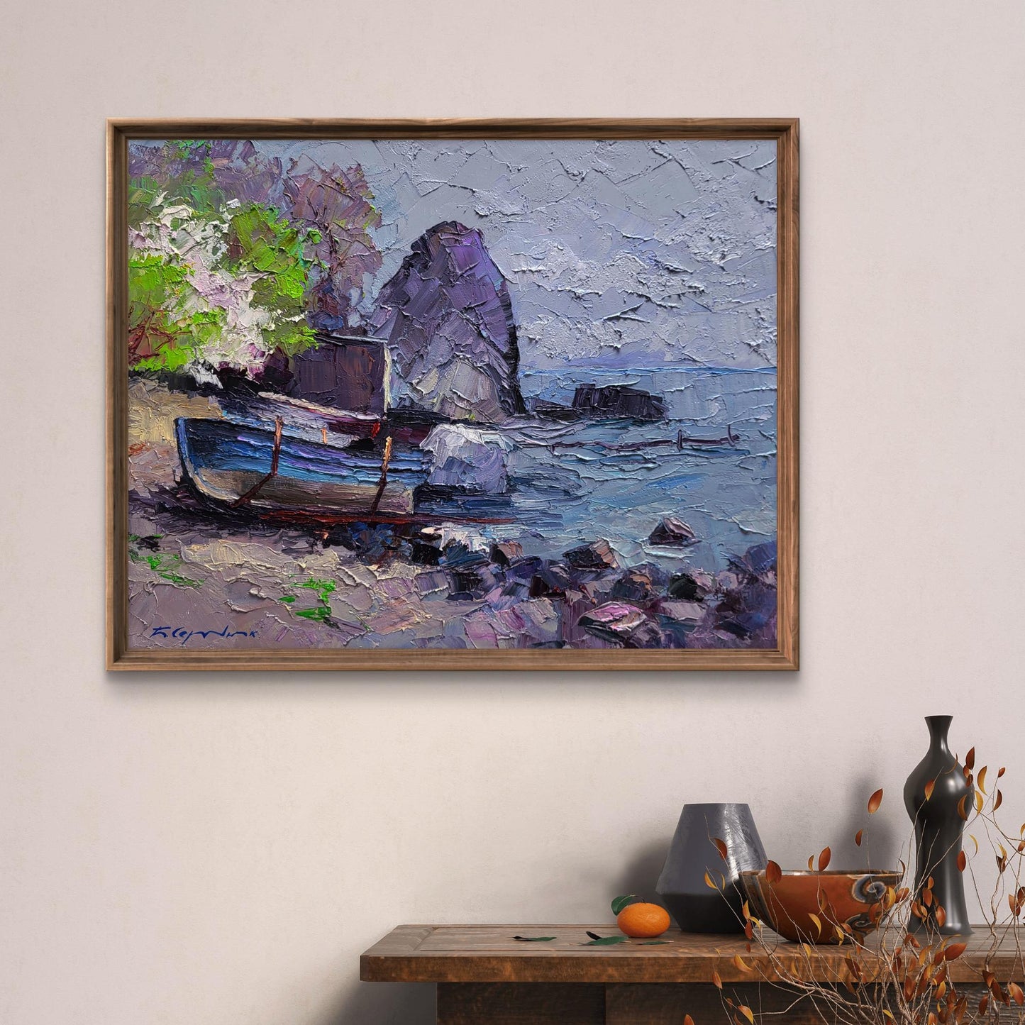 Oil painting Calm of a sea morning by Boris Serdyuk, blue boat on rocky shores