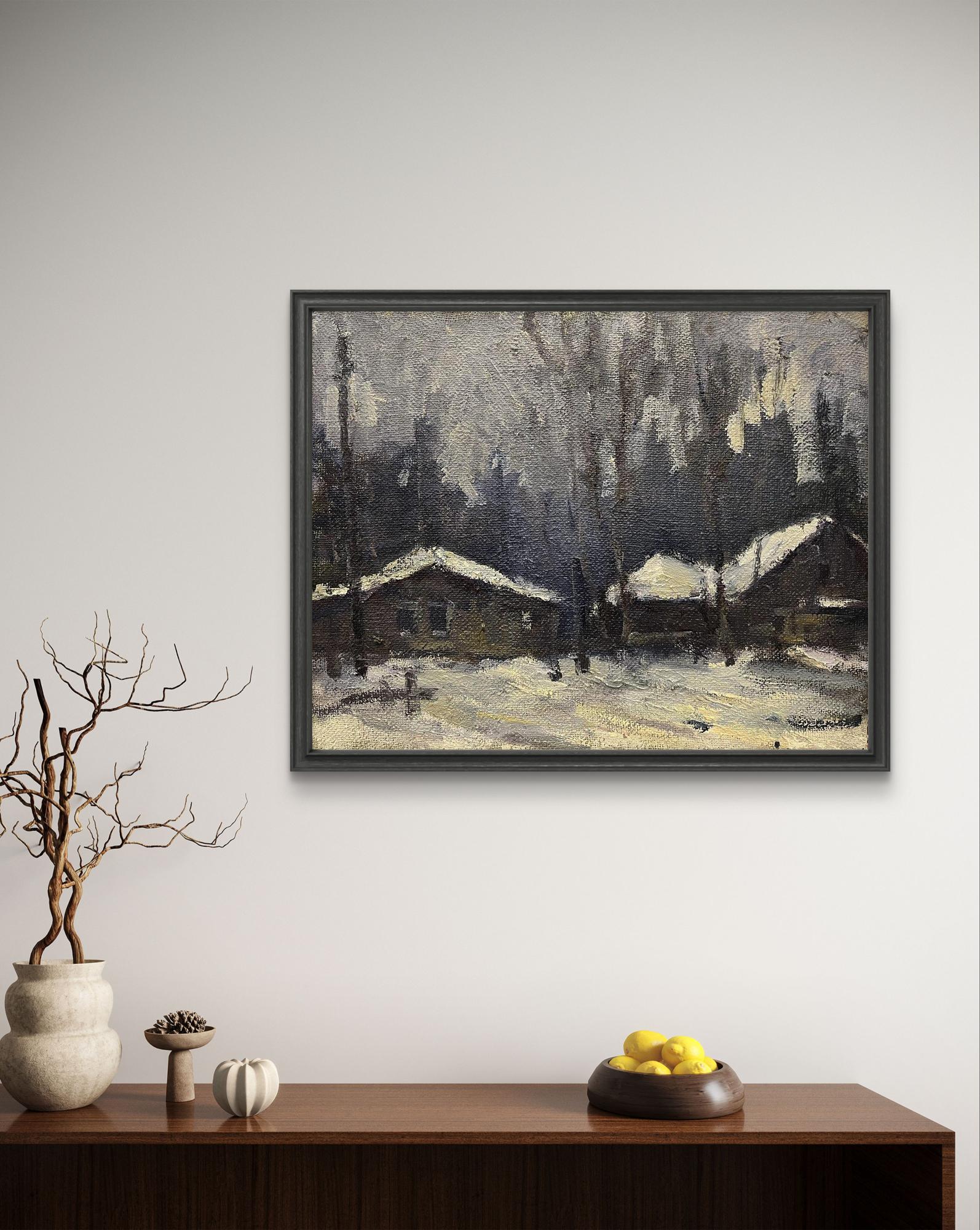 Oil painting White Night Volodymyr Pashchenko winter landscape with snow cabins