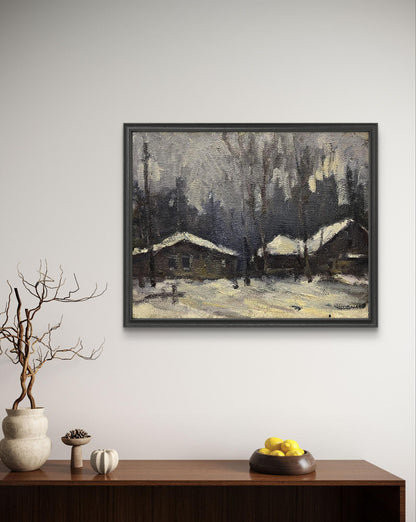 Oil painting White Night Volodymyr Pashchenko winter landscape with snow cabins