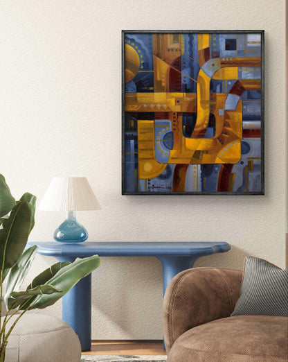 Oil painting Urban Jazz Music by Sergiy Voichenko, bold geometric shapes in black frame
