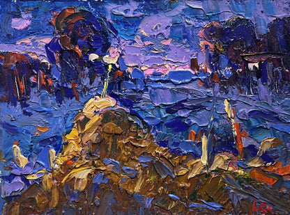Oil painting Dusk fell on the field by Oleksiy Ivanyuk, textured blue-purple dusk scene