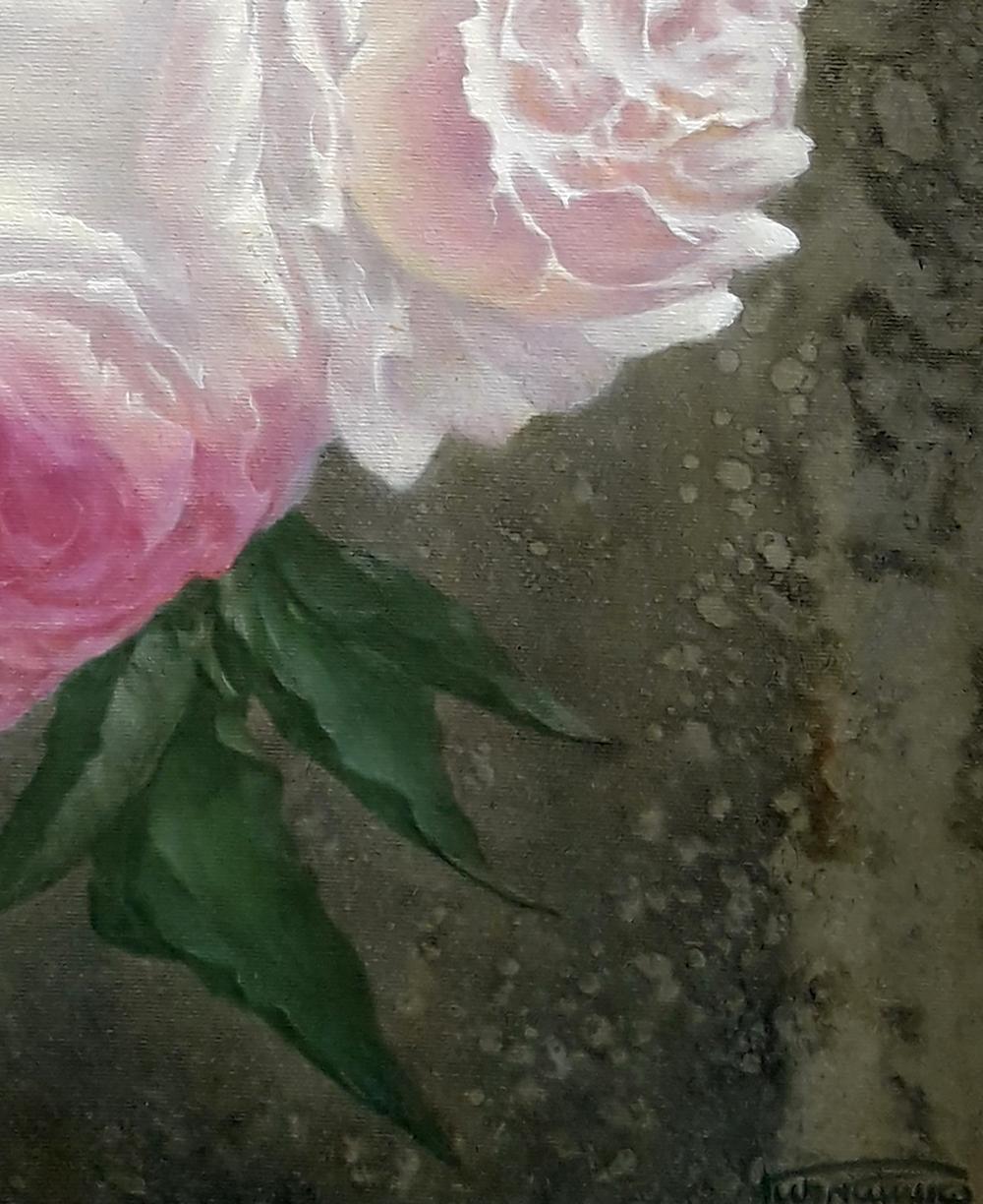 Delicate pink peony oil painting by Vasily Korkishko with green leaves