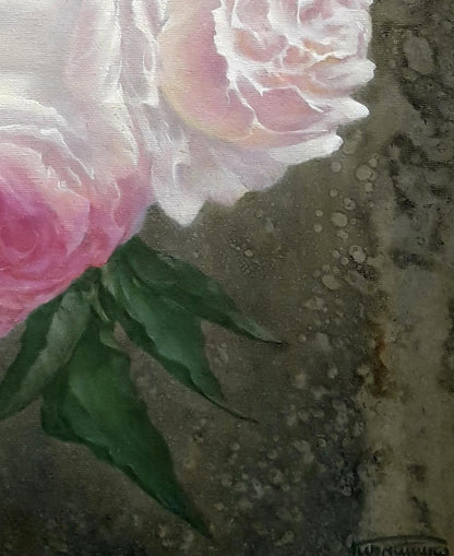 Delicate pink peony oil painting by Vasily Korkishko with green leaves