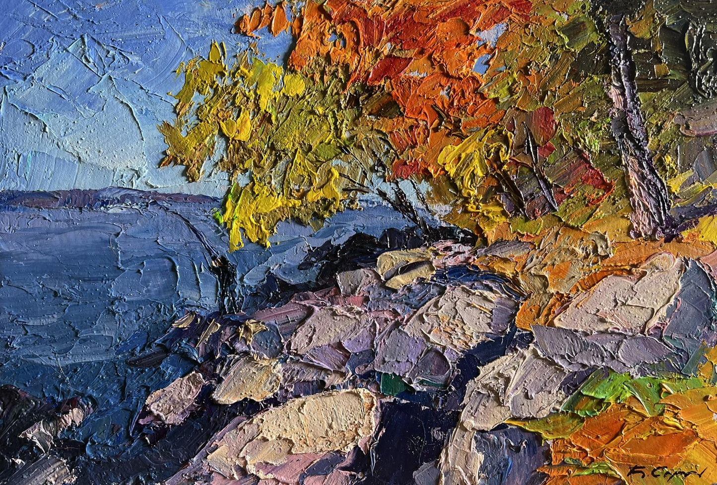 Oil painting Autumn fishing by Boris Serdyuk with fiery autumn tree