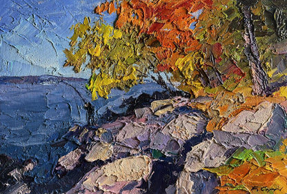 Oil painting Autumn fishing by Boris Serdyuk with fiery autumn tree