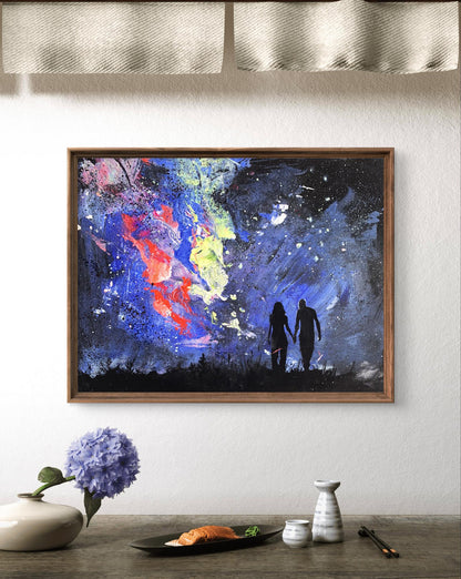 Framed Oil painting Love night by Tatyana Derdey with vibrant splashes and silhouettes