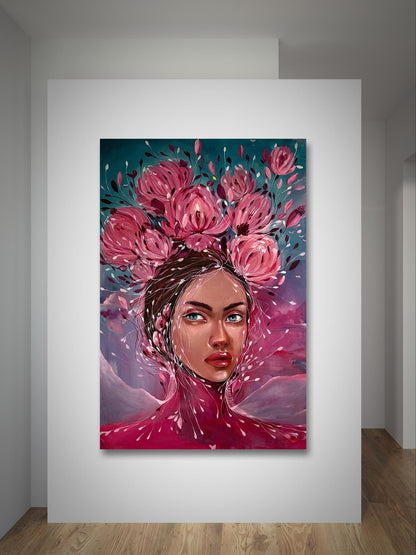 Oil painting Pions Victoria Kagalovska: woman with pink roses on teal purple backdrop