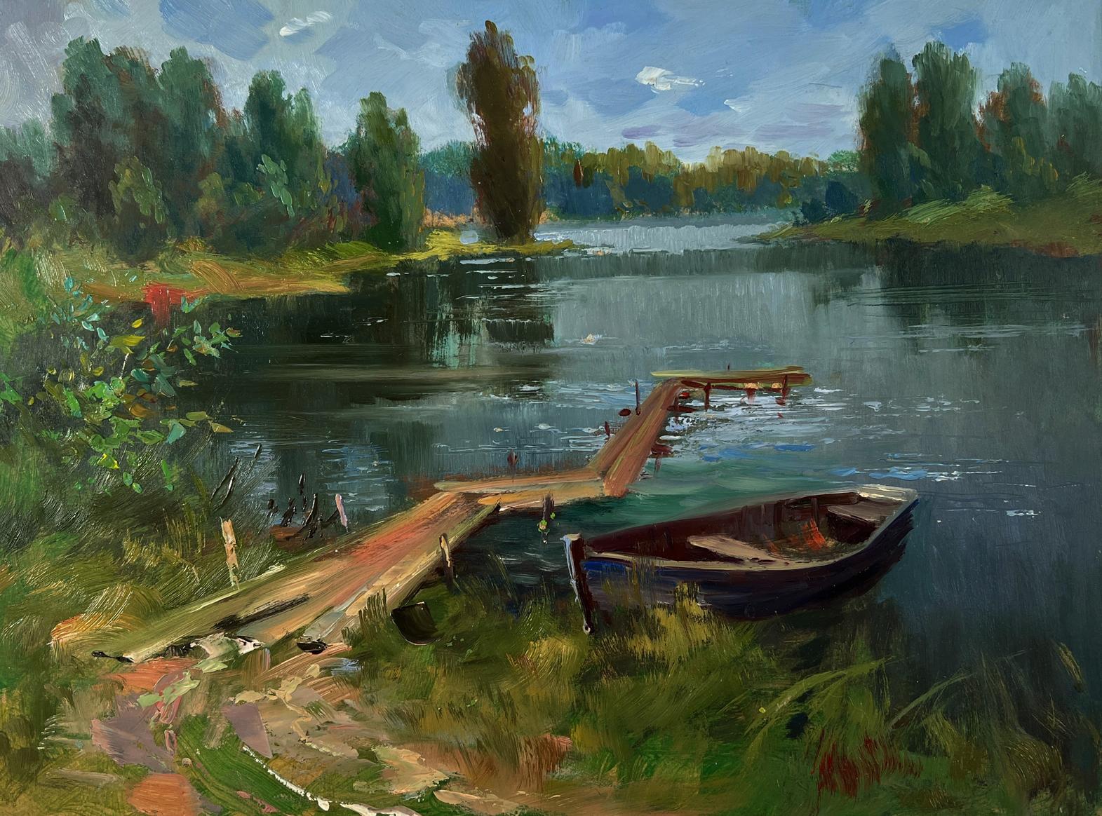 Oil painting by Yuriy Suprunchuk: weathered dock, rowboat on calm river