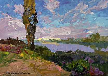 Oil painting September calm by Boris Serdyuk: vibrant impressionist tree in blue-purple sky