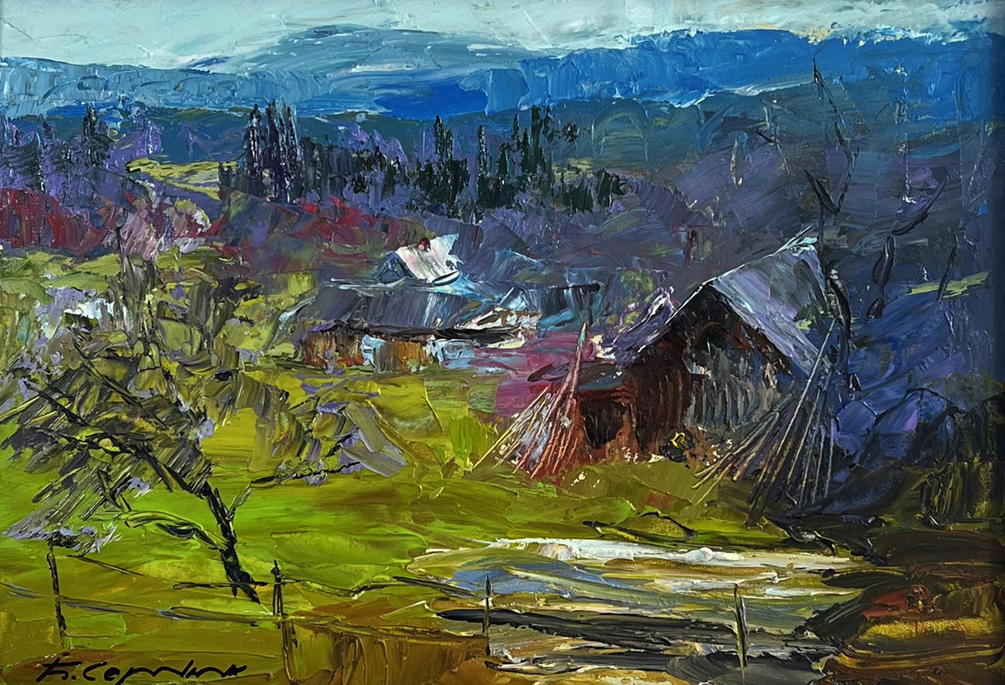 Vibrant impressionist oil painting of Boris Serdyuk village in mountains