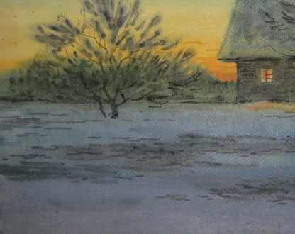Watercolor painting of rustic thatched cottage in winter village evening sunset by Valery Savenets