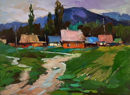 Vibrant oil painting of quiet village on hills by Yuriy Suprunchuk