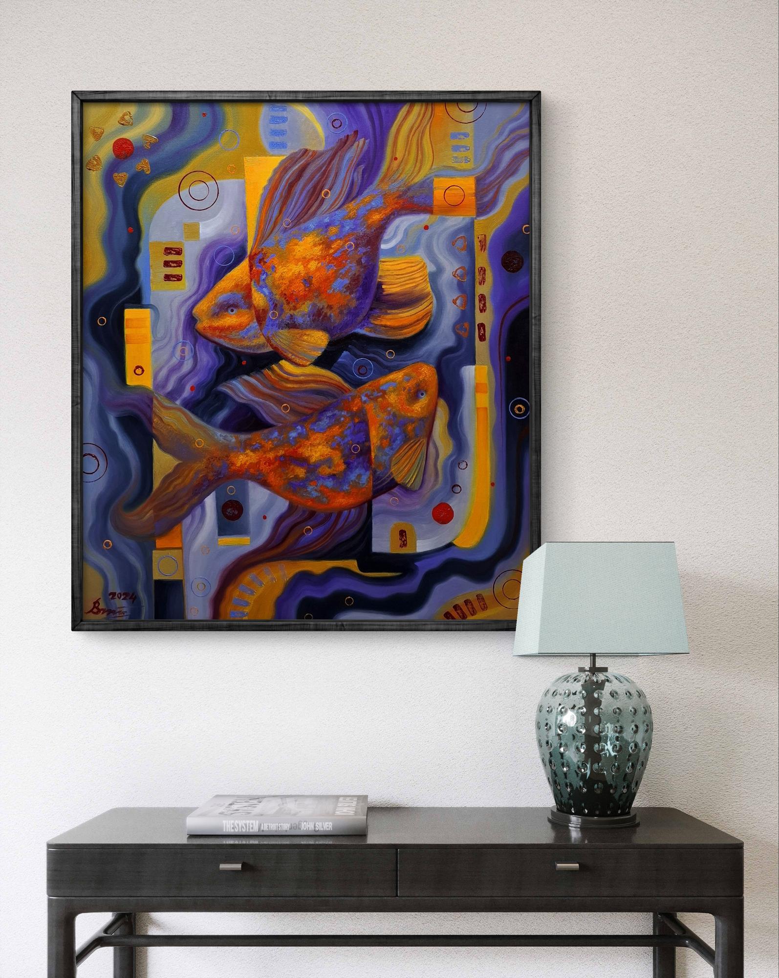 Oil painting Orange and purple by Sergiy Voichenko, golden-orange fish in purple swirls