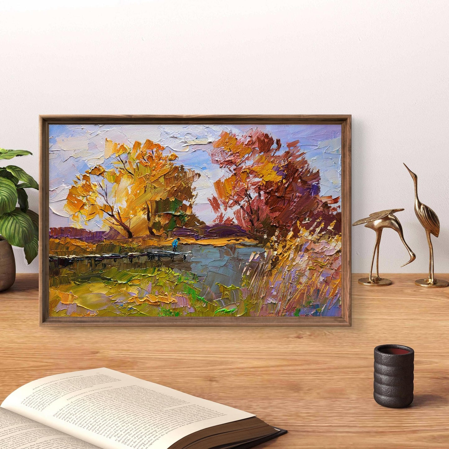 Oil painting On the autumn river by Boris Serdyuk, impressionist autumn trees by water