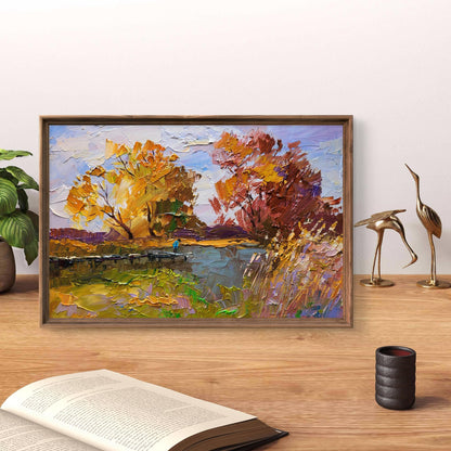 Oil painting On the autumn river by Boris Serdyuk, impressionist autumn trees by water